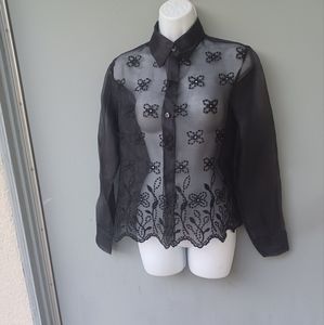 NaraCamicie black see-thru floral flocked blouse top 40/10.